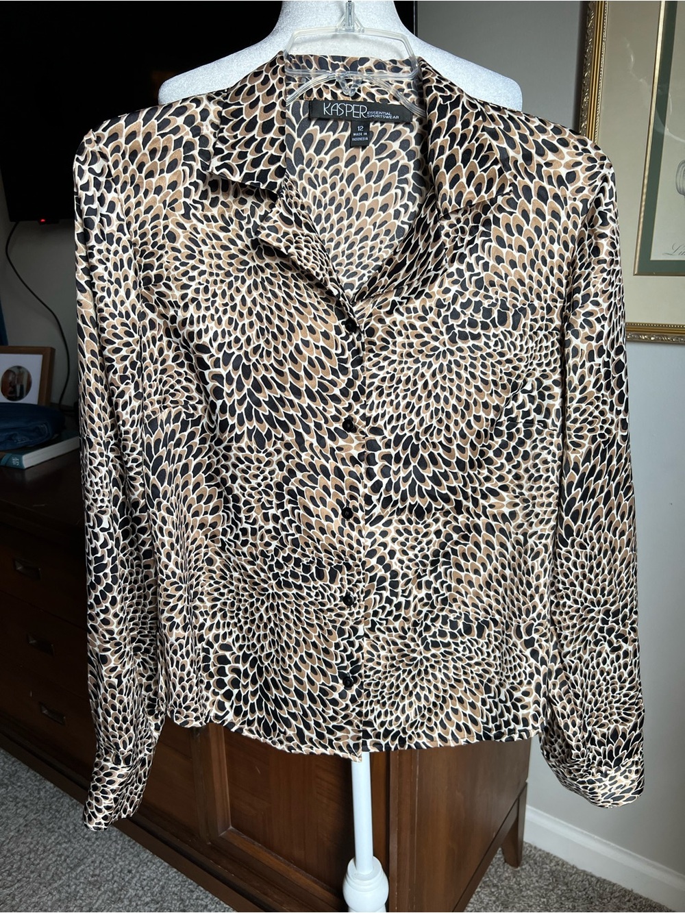 Kasper Beige and Black Abstract Petal Print Button-Down Shirt